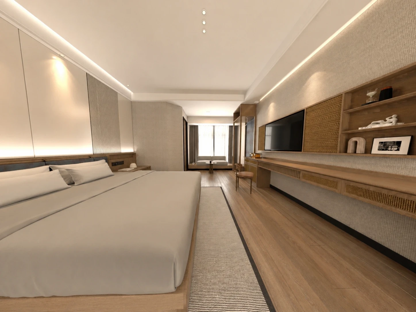 Warm contemporary hotel room visualisation