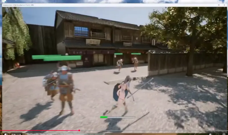 Weapon combat against several NPCs with visible health bars in a Japanese-style town