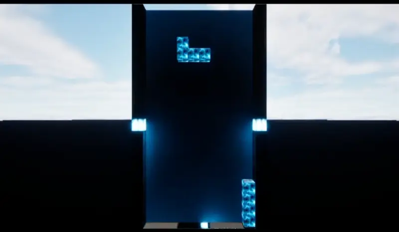 Luminous blue Tetris blocks in a dark three-dimensional Unreal playfield