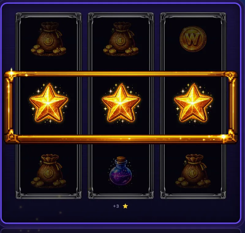 Retro Quest mid-spin: three reels with a gold payline frame, stars and treasure symbols